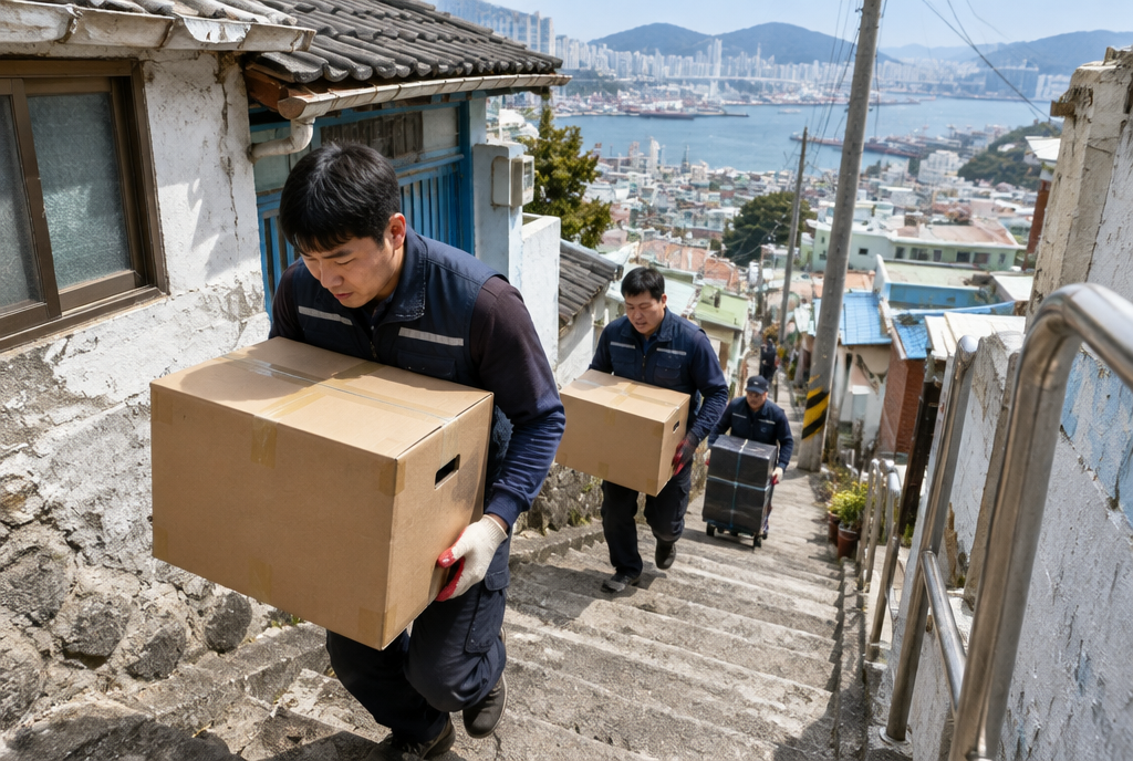 부산 원도심 산복도로의 경사 계단길에서 이삿짐 상자를 옮기는 이사 작업자들