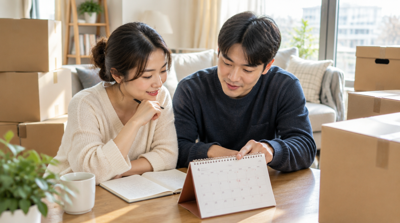 집 안에서 달력을 보며 이사 날짜를 상의하는 부부와 이사 상자